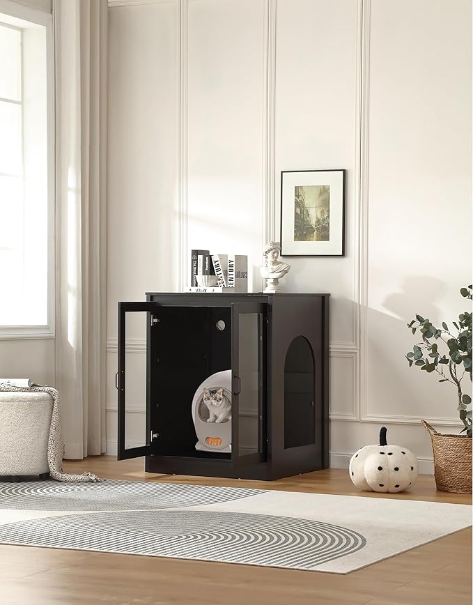 Cat Litter Robot Enclosure with Glass Cat-Observant Doors,Litter Robot Cabinet with Reversible and Optional Entry(Left or Right),Cozy LED for Cats,Power Outlet for More Choice, Black-Mewly Pet