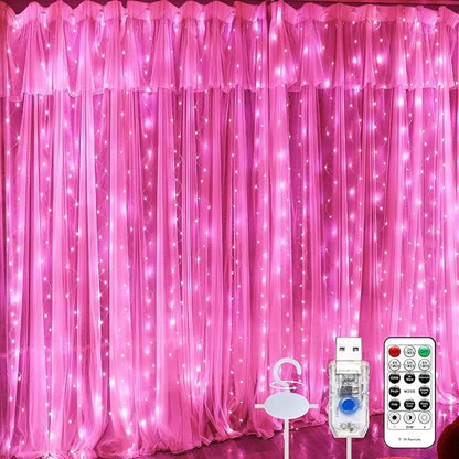 Pink Curtain Light for Bedroom, 300 LED 9.8ft x 9.8ft Window Fairy Curtain String Light with 16 Hooks, 8 Models Remote Control for Wedding Party Home Garden Indoor Decorations