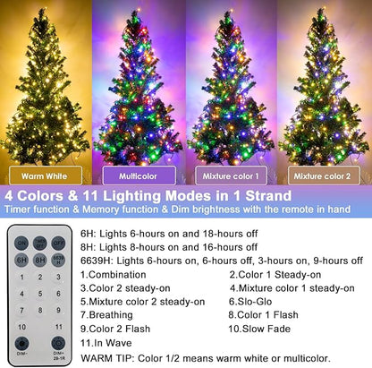 Decute 300LED Christmas Tree Lights Outdoor Indoor String Lights 108FT Extendable, 11 Modes 4 Colors Changing Waterproof Twinkle Fairy Lights Party Decor with Timer Remote(Warm White & 3 Multicolors)