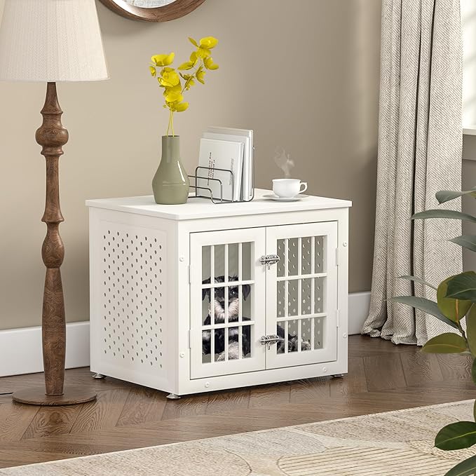 26" Heavy Duty Dog Crate Furniture for Small Dogs, Metal Kennel for High Anxiety Dogs, Chew Proof Pet Cage Indoor, Decorative Dog Kennel End Table, White-Mewly Pet