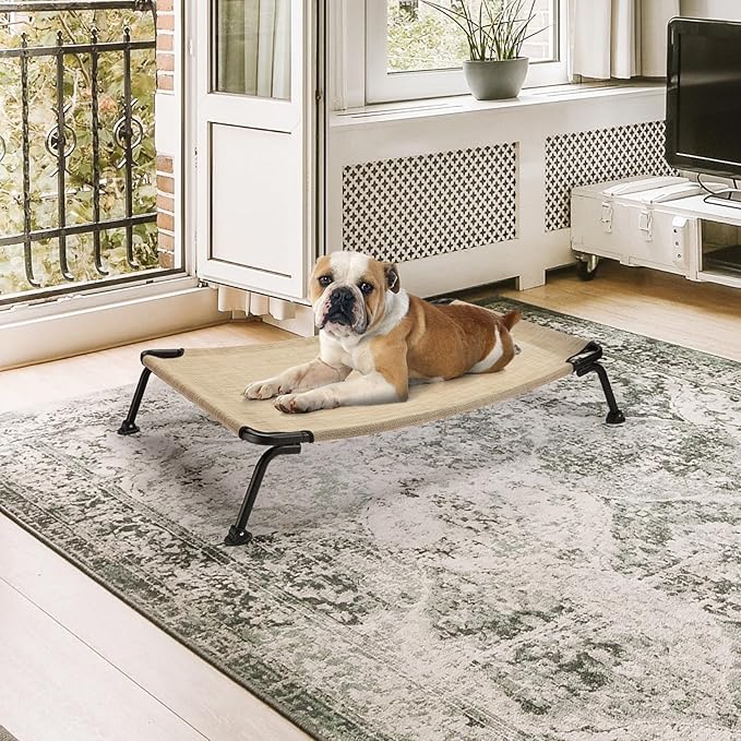 Veehoo Outdoor Elevated Dog Bed, Cooling Raised Dog Cots Beds for Medium Dogs, Portable Waterproof Curved Dogs Hammock Bed for Outside, up to 100lbs, Black Legs, Beige 32"-Mewly Pet