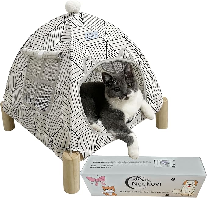 2-in-1 Elevated Cat Tent Cat House, Quick Assembly and Disassembly, Portable Indoor/Outdoor Cute Cat Bed Cave-White Diamond Pattern-Mewly Pet