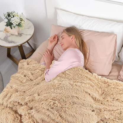 Tuddrom Decorative Extra Soft Faux Fur Throw Blanket 50"x60",Solid Reversible Fuzzy Lightweight Long Hair Shaggy Blanket,Fluffy Cozy Plush Fleece Comfy Microfiber Blanket for Couch Sofa Bed,Apricot