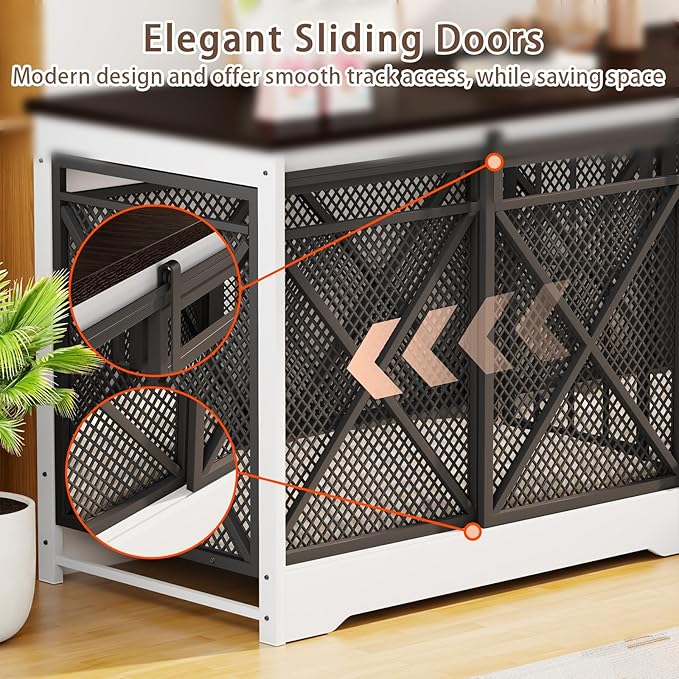 COZPAW 78 Inch Double Dog Crate Furniture, Extra Large Dog Kennel Indoor for Medium Large 2 Dogs, Heavy Duty Dog Cage Chew-Resistant Steel and Wooden Pet House with Removable Divider (White Brown)-Mewly Pet