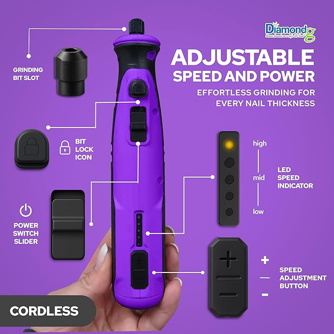Diamondg Cordless Dog Nail Grinder with Quiet Sound & LED Tip for Large & Small Dogs, 4hrs. Runtime, 2 Bits Included, Purple-Mewly Pet