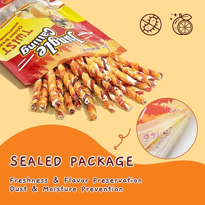 Jungle Calling Dog Treats, Natural Chicken Wrapped Rawhide Sticks, Grain-Free Training Rewards Chews for Small and Medium Puppy,10.6oz-Mewly Pet
