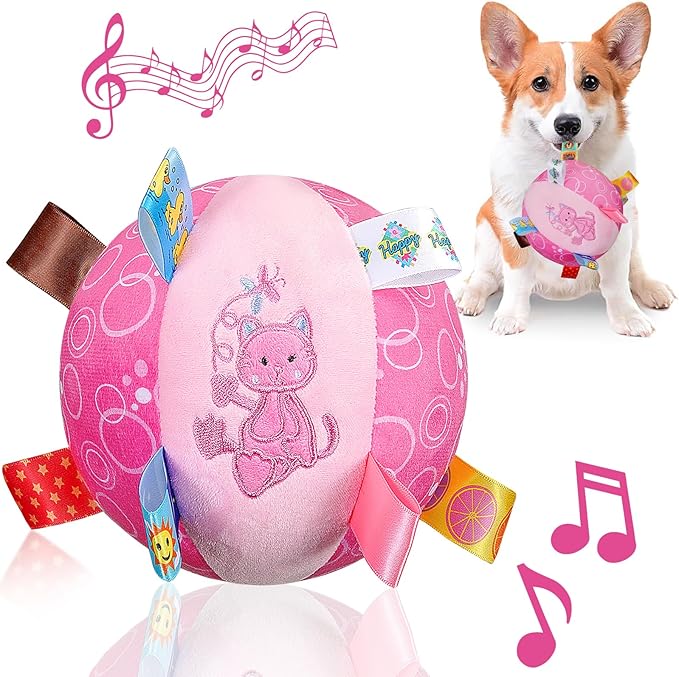 Dog Squeaky Plush Toy with Straps, 6-Inch Soft Stuffed Ball with Cotton Material and Bell Built-in, Pet Interactive Fetch Toy for Small to Large Dog-Mewly Pet