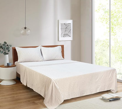 Mejoroom Striped Full Size Sheets - 1800TC Luxury Full Sheets with 16 Inch Deep Pocket - Premium Bedding Collection - Extra Soft, Breathable, Wrinkle, Fade & Stain Resistant - 4 Piece (Beige Stripe)