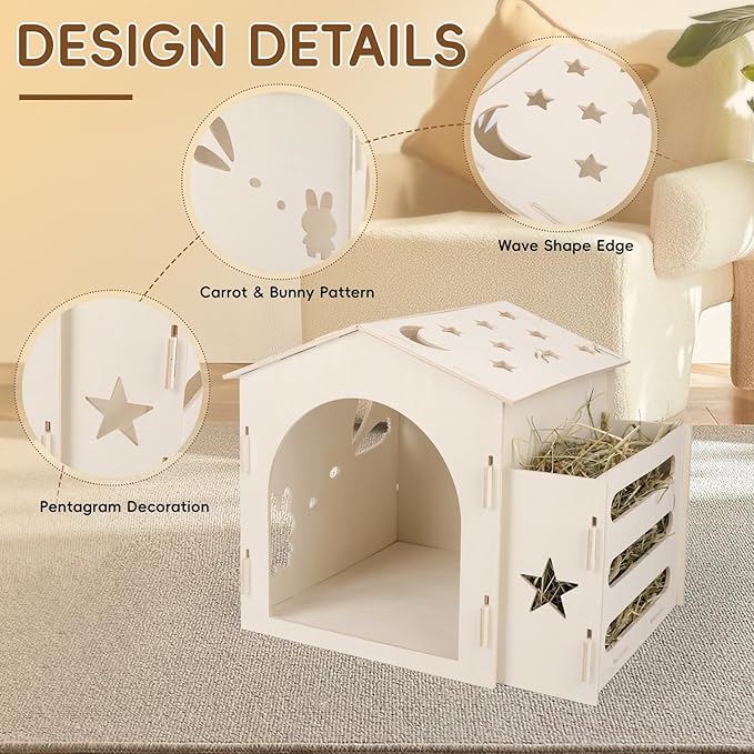 Extra Large Rabbit House & Rabbit Hay Feeder, Indoor Bunny Hideout with Feeder, Small Animal Houses & Habitats and Guinea Pig Hay Feeder-Mewly Pet