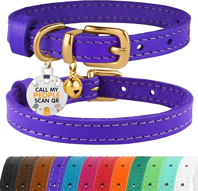 BRONZEDOG Leather Cat Collar with Removable Bells Non Breakaway Kitten QR Tag for Girl Boy (9" - 12" Cats/Mini Dogs, Purple & Gold)-Mewly Pet