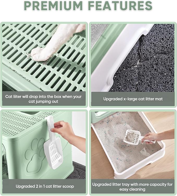 Cat Litter Box with X-Large Litter Mat and Scoop, Large Foldable Litter Box with Lid, Enclosed Kitty Box,Front Top Entry Exit, Odor Control Easy to Clean (Upgrade Green)-Mewly Pet