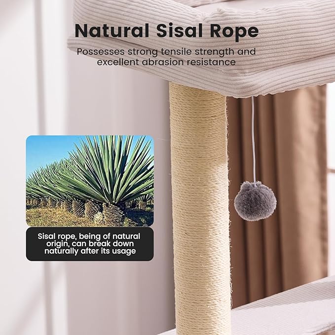 Gardner Pet 65in Heavy Duty Cat Tree Tower for Large Cats, Multi-Level Cat Furniture with Replaceable Sisal Scratching Post, Hammock | Extra-Large Platform & Condo Easy to Clean (Corduroy)-Mewly Pet