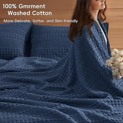 PHF 100% Cotton Waffle Weave Blanket Queen Size for Bed, Soft Lightweight & Breathable, All-Season Comfort, Luxury Aesthetic Woven Bedding for Home Decor, 90"x90", Blue Sapphire