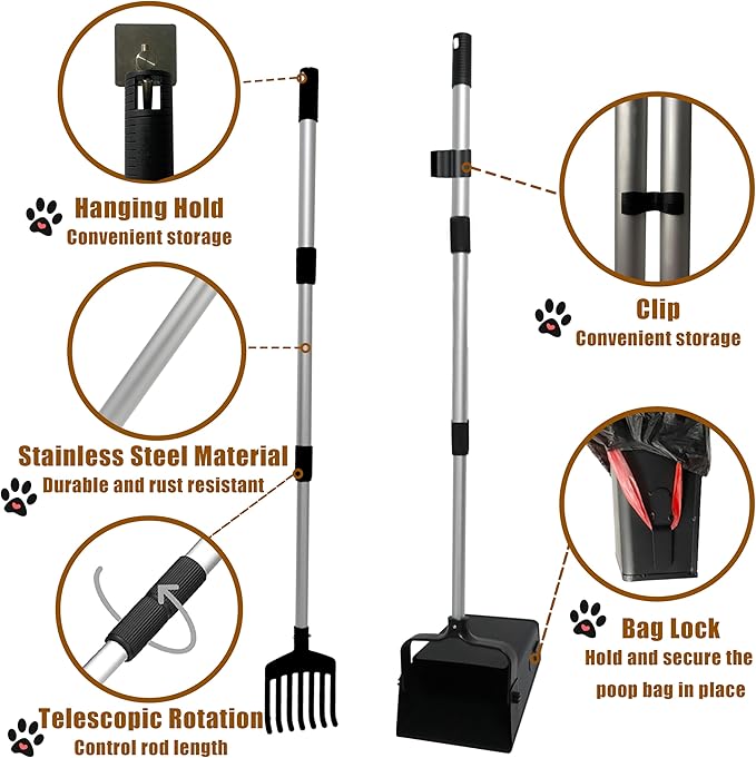Pooper Scooper Metal 38" Long Adjustable Handle Swivel Bin & Rake for Large & Small Dogs Non-Breakable Dog Poop Scooper Easy to Clean Pet Waste Use on Grass, with 20 Waste Bags-Mewly Pet