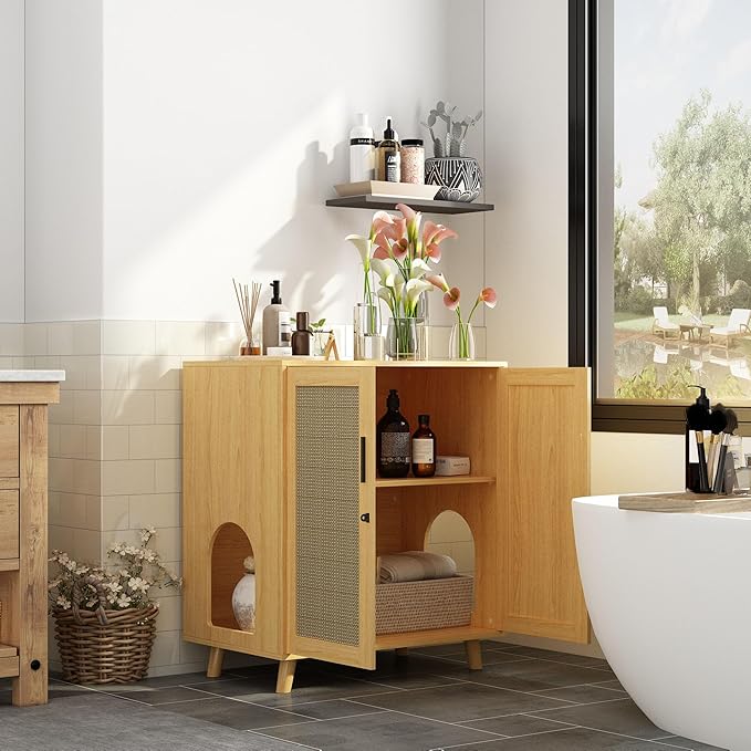 Lovinouse Large Cat Litter Box Enclosure,Hidden Kitty Litter Furniture with Sisal Covered Doors,2-Layer Wooden Cat Washroom Cabinet w/Adjustable Shelf,Side Table for Living Room,Natural-Mewly Pet