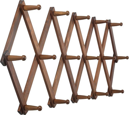 WEBI Accordion Wall Hanger, Wooden Coat Rack Wall Mounted, Hat & Cap Hook Rack, 16 Peg Hooks, Walnut Color