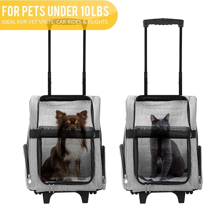 KOPEKS Deluxe Backpack Pet Travel Carrier with Double Wheels for Pets up to 10 Pounds - Black - Approved by Most Airlines-Mewly Pet