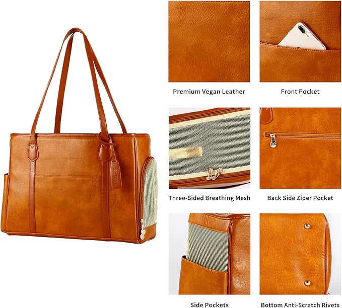 Stylish Dog Purse Carrier, Leather Pet Carrier Bag for Small Dogs Cats Puppy, Airline Approved Soft-Sided Carrier Brown-Mewly Pet