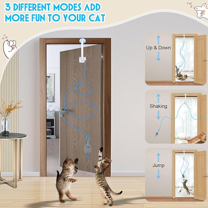 Cat Toy Interactive for Indoor Cats, Smart USB Rechargeable Door Hanging Automatic Retractable Kitten Toys, Teaser Electronic Self Play Feather Cat String Toy Attached with 3 Catnip Mice White-Mewly Pet