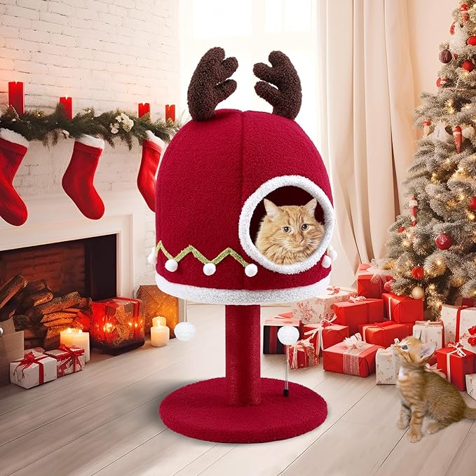 Luxury Treehouse Cat Tree for Indoor Large Cats,54.7'' Tall Modern Wood Cat Tower with 3 Level House,4*Cozy Perch,1*Soft Viewing Bed,Heavy Duty Wide Base,Sisal Scratching Post (33inch)-Mewly Pet