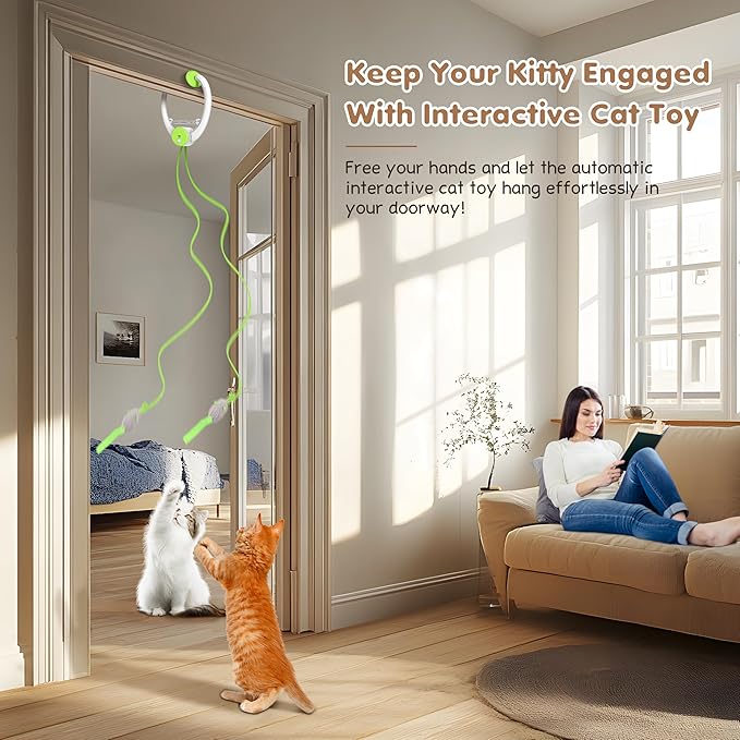 Interactive Cat Toys Rechargeable, Feather Toy for Indoor Cat, Hanging Retractable Teaser Toy, Automatic Kitten Play Chase Exercise Toys with Three Plush Mouse, USB Powered (Green)-Mewly Pet