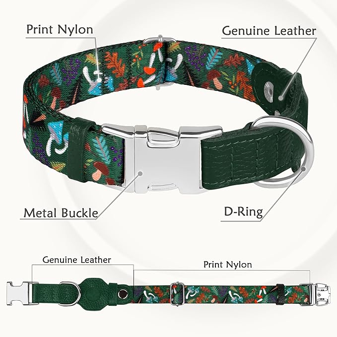 AirTag Dog Collar for Small Medium Large Breed - Adjustable Cute Pattern Dog Collar with Airtag Holder - Soft Leather Tracker GPS Apple Air Tag Pet Collars (Large, 17"-21" Neck Fit, Mushroom)-Mewly Pet