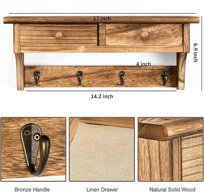 Emfogo Coat Hooks Mounted, Rustic Wood Coat Rack Mount Shelf with Hooks, Farmhouse Coat Rack with Shelf & Coat Hook for Entryway, Mudroom, Bedroom, Kitchen, Bathroom (Brown)