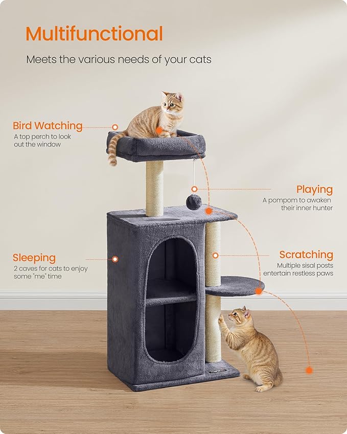 Feandrea Cat Tree Tower with 2 Caves for Multi-Cat Households, Kittens, Scratching Posts, Dark Gray UPCT005G02-Mewly Pet