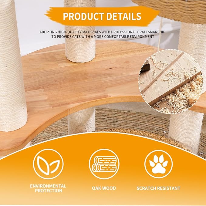 54" Modern Cat Tree Tower for Indoor Cats, Oak Cat Scratching Tree for Multiple Large Cats, Manual Hand Woven Luxury Cat Condo, Unique High-end Design Cat Furniture Activity Centre, Easy Clean-Mewly Pet