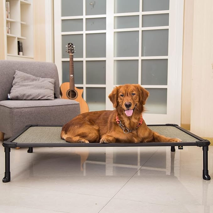 Veehoo Chew Proof Elevated Dog Bed - Cooling Raised Pet Cot - Rustless Aluminum Frame and Durable Textilene Mesh, Unique Designed No-Slip Feet for Indoor or Outdoor Use, Beige Coffee, X Large-Mewly Pet