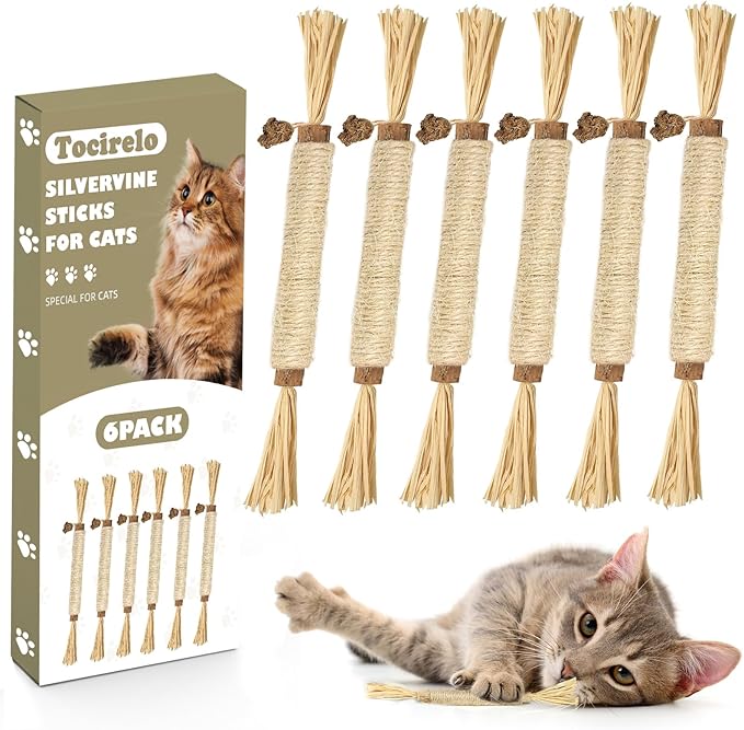 Tocirelo Silvervine Sticks Cat Toys - 6Pack Natural Cat Chew Toy Teeth Cleaning, Matatabi Dental Care Kitten Treat, Catnip Cat Teething Toys, Catmint Silver Vine Sticks for Bored Indoor Kitty-Mewly Pet