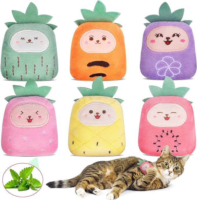 Cat Toys Pineapple with Natural Catnip Inside, Interactive Catnip Toys for Indoor Cats Kitten Kicker, Dental Kitty Chew Toy 6 Pack-Mewly Pet