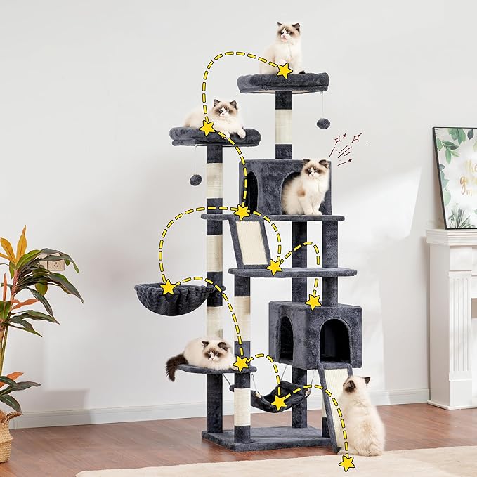 Cat Tree for Indoor Cats, 71'' (180cm) Multi-Level Cat Tower for Large Adult, Sturdy Cat Tree House with 2 Scratching Boards 7 Posts, 2 Plush Perches/Condos, Hammock, Smoky Gray GCT032G-Mewly Pet