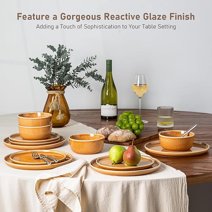 GBHOME Ceramic Dinnerware Sets for 4, 12 Pieces Stoneware Plates and Bowls Sets, Scratch Resistant Dishes, Dishwasher & Microwave Safe, Reactive Glaze-Amber-Mewly Pet