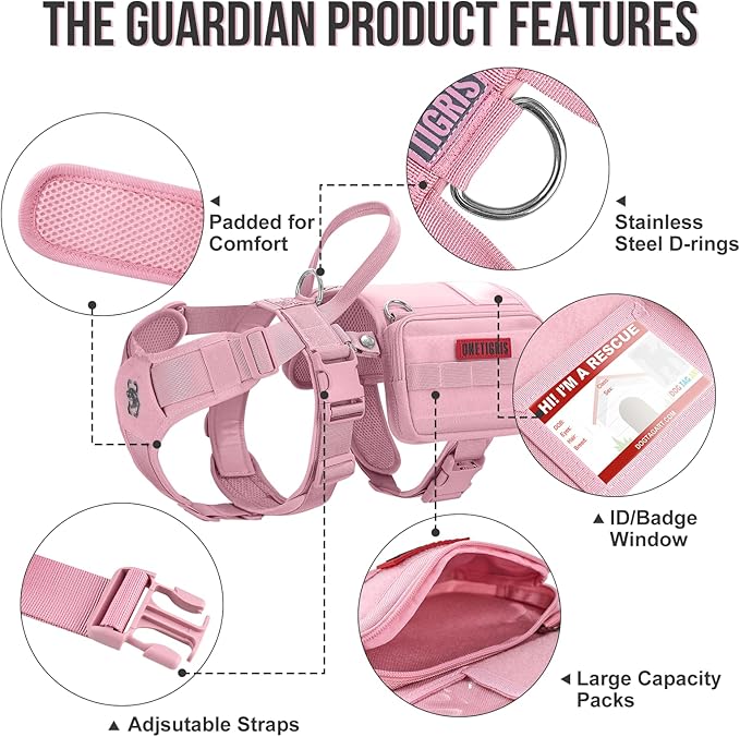 OneTigris Service Dog Vest Harness, Service Dog Cape Guardian Dog Backpack Harness with Pouches Dog Saddle Bag for Small Medium and Large Dogs (Pink, Large)-Mewly Pet