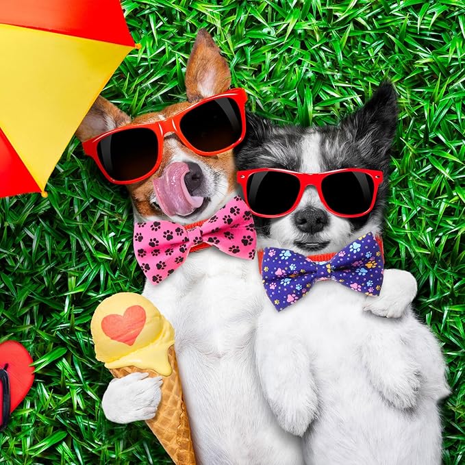 Hillban 50 Pieces Paw Print Dog Collar Bow Ties Colorful Paw Print Dog Collar Accessories Bow Ties Attachment with Elastic Bands Detachable Charms for Pets Collar Accessories Daily Costume-Mewly Pet