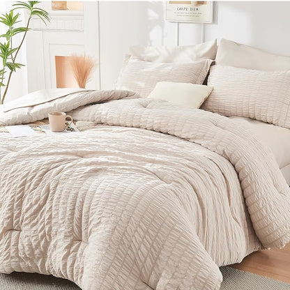 HYMOKEGE Beige Twin Comforter Set Seersucker 5 Pieces, All Season Luxury Bed in a Bag for Bedroom, Bedding Set with Comforters, Sheets, Pillowcase & Sham