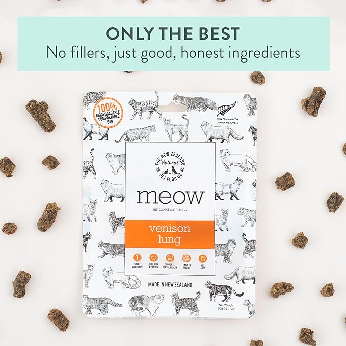 Meow Air Dried Cat Treats - Venison Lung, High Protein, Healthy Cat Snacks and Toppers, All Natural for All Life Stages, 1.76 oz-Mewly Pet