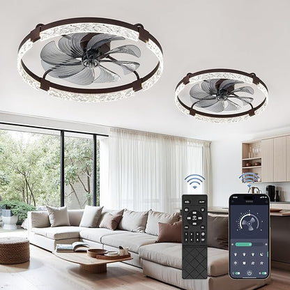 LEDIARY 2 Pack 24 Inch Modern Ceiling Fans with Lights and Remote, Dimmable Flush Mount Ceiling Fan, Brown Low Profile Ceiling Fan with 3 CCT and 6 Speeds