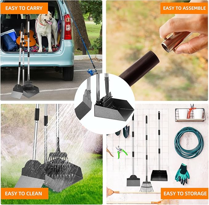 Dog Pooper Scooper, Adjustable Handle Poop Scooper with Tray,Rake and Spade Set of 3, Steel Stainless Poop Scoop for Medium Large Dogs and Pet Waste on Grass, Dirt and Gravel (Large Size)-Mewly Pet