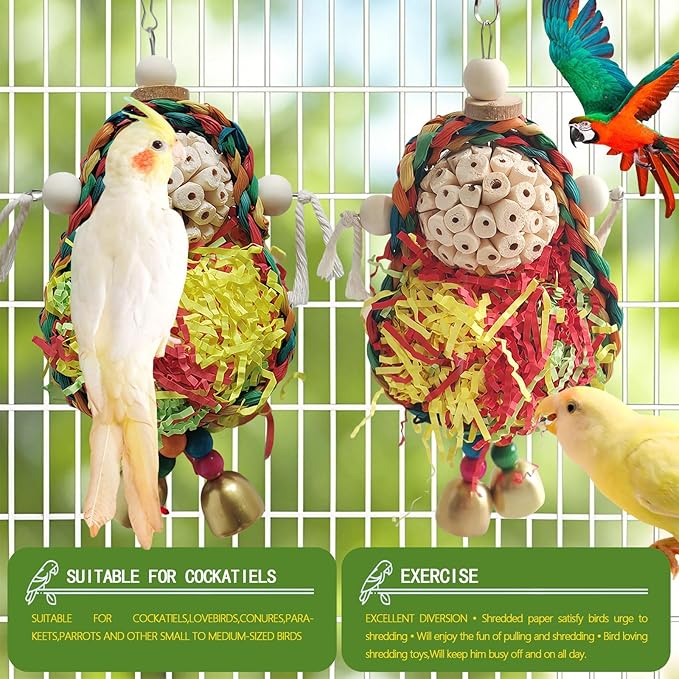 Parakeet Toys,Natural Sola Balls and Shredding Hanging Chewing Toy,2 PCS Small and Medium-Sized Parrot Toys, Bird Toys for Parrots,Cockatiels,Conures,Lovebird,Christmas Birds Toy-Mewly Pet