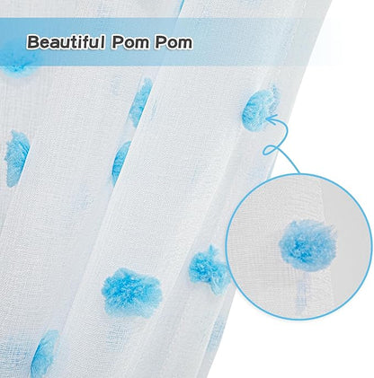 MYSKY HOME Light Blue Pom Pom Sheer Curtains for Girls Bedroom - 45 Inch, Light Filtering, Nursery, Kids Room, Rod Pocket, Cafe Style, Small Window Panels, 52 x 54 in, Set of 2