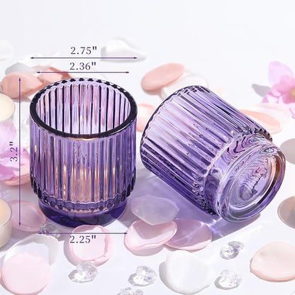 8 Pcs Large Lavender Votive Candle Holders, Tealight Ribbed Candle Holders Glass, Brildal Shower Table Decor,Wedding Centerpieces Table Decorations