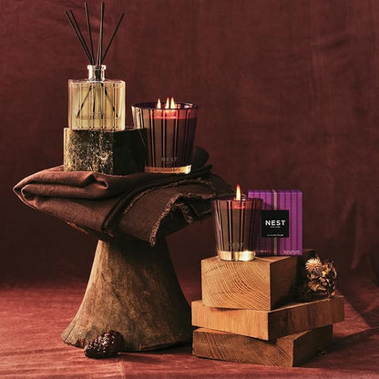 NEST New York Reed Diffuser, Autumn Plum - 5.9 fl oz - Fragrance for Up to 90 Days - Reusable, Refillable Glass Holder - Includes 8 All-Natural Reed Sticks - Flame Free