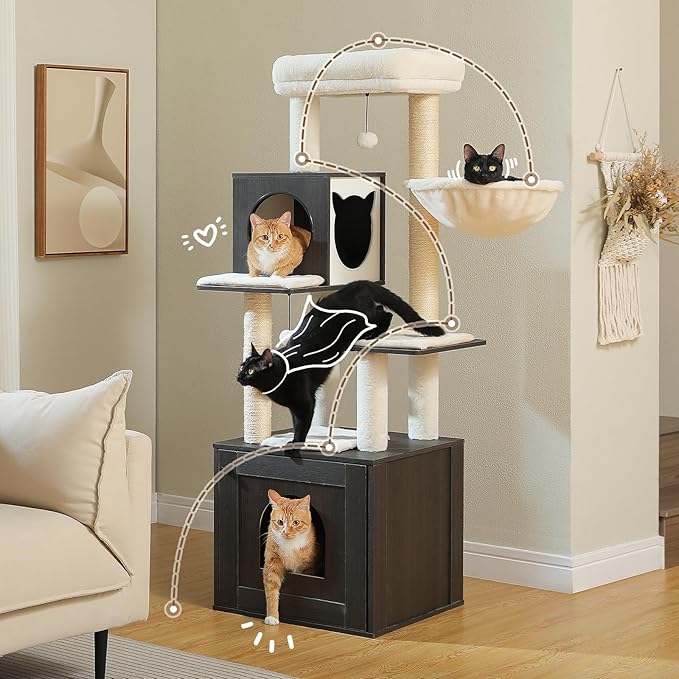 PEQULTI 57.5" Cat Tree with Litter Box Enclosure Large, Wood Cat Tower for Indoor Cats with Storage Cabinet and Cozy Cat Condo, Sisal Covered Scratching Post and Repalcable Dangling Balls, Black-Mewly Pet