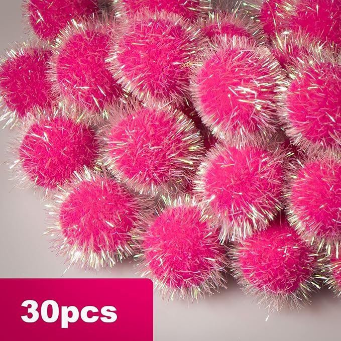 VAPKER 30 Pcs Cat Ball Toys Sparkle Balls Extra Large 2 Inch Cat's Favorite Chase Glitter Ball Glitter Tinsel Pom Poms Balls Hot Pink Color-Mewly Pet