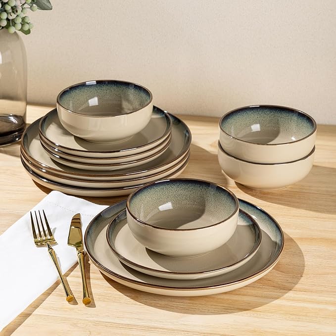 GBHOME Ceramic Dinnerware Sets for 4, 12 Pieces Stoneware Plates and Bowls Sets, Scratch Resistant Dishes, Dishwasher & Microwave Safe, Reactive Glaze-Gravel-Mewly Pet