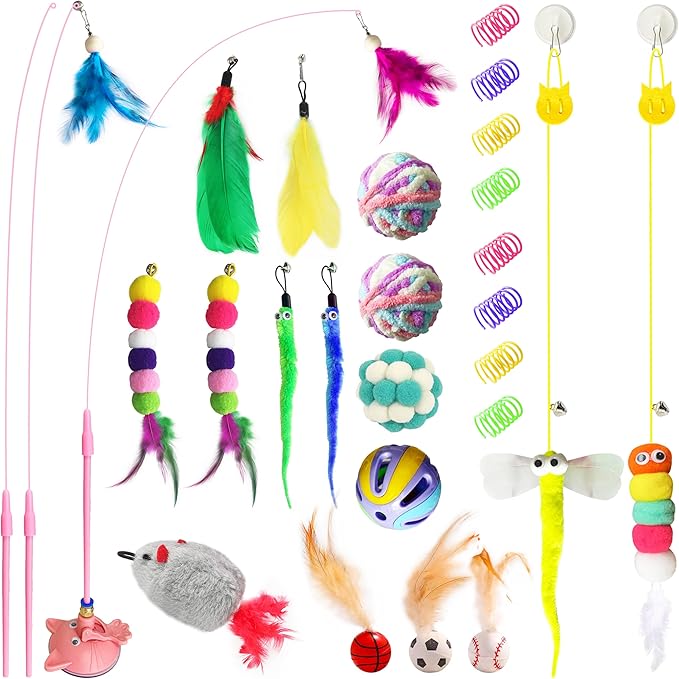 Cat toy pack with 27PCS self play accessories for indoor cats-cat teaser wand, fishing pole, suction cup, ball, string, mouse, feathers and hanging interactive cat toys for kitten Exercise & Chase-Mewly Pet