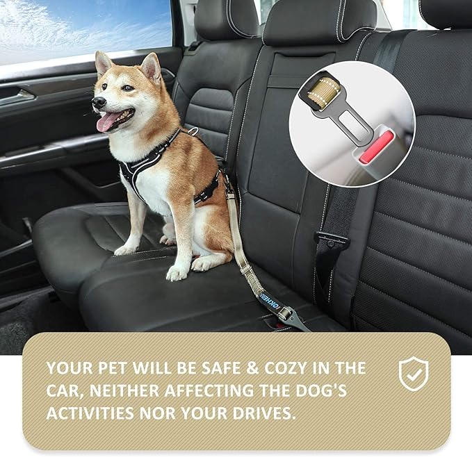 IOKHEIRA Dog Seat Belt 3-in-1 Car Harness for Dogs Adjustable Safety Seatbelt for Car Durable Nylon Reflective Bungee Fabric Tether with Clip Hook Latch & Buckle, Swivel Zinc Alloy Carabiner Green-Mewly Pet