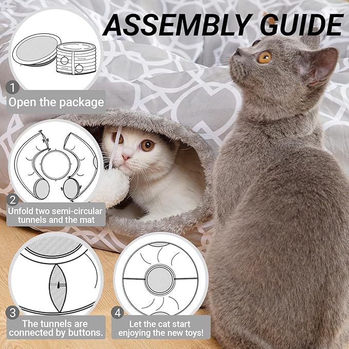 LUCKITTY Geometric Cat Tunnel Bed Oxford Outside with Plush Inside,Cats Toys Collapsible Tunnel Tube with Balls, for Rabbits, Kittens, Ferrets,Puppy 3FT-Mewly Pet